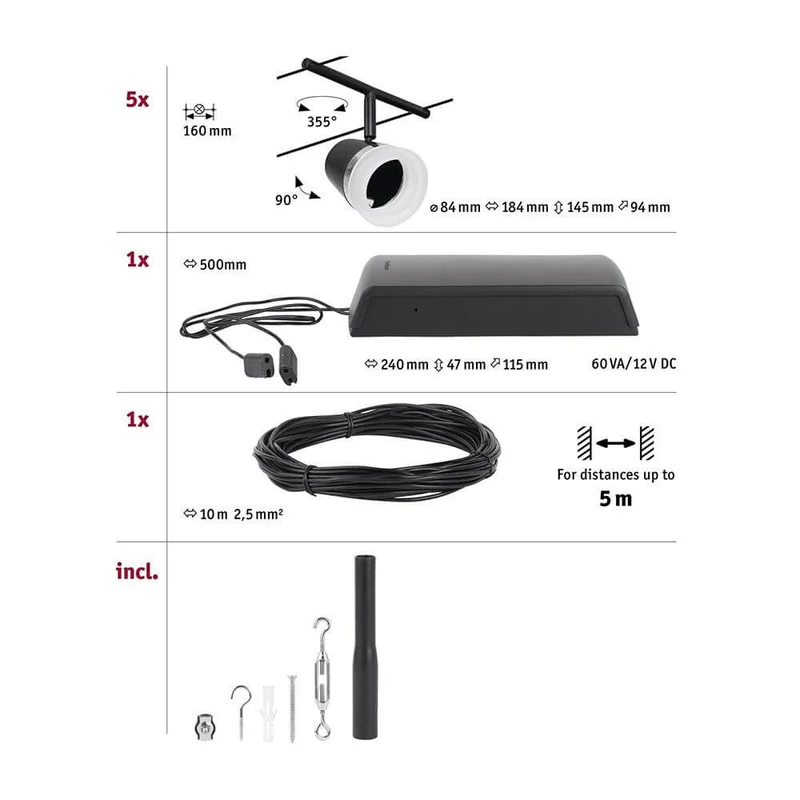 CorDuo Seilsystem 5-flammig Cone Basis-Set Schwarz, Chrom