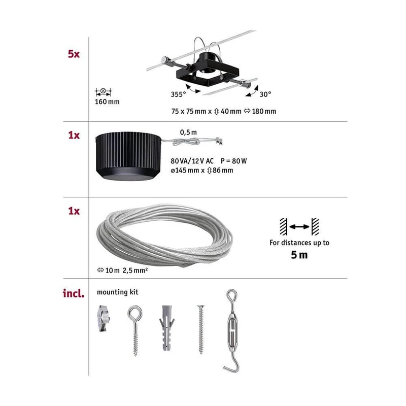 Seilsystem Mac II Basis-Set 5-flammig Schwarz-Matt