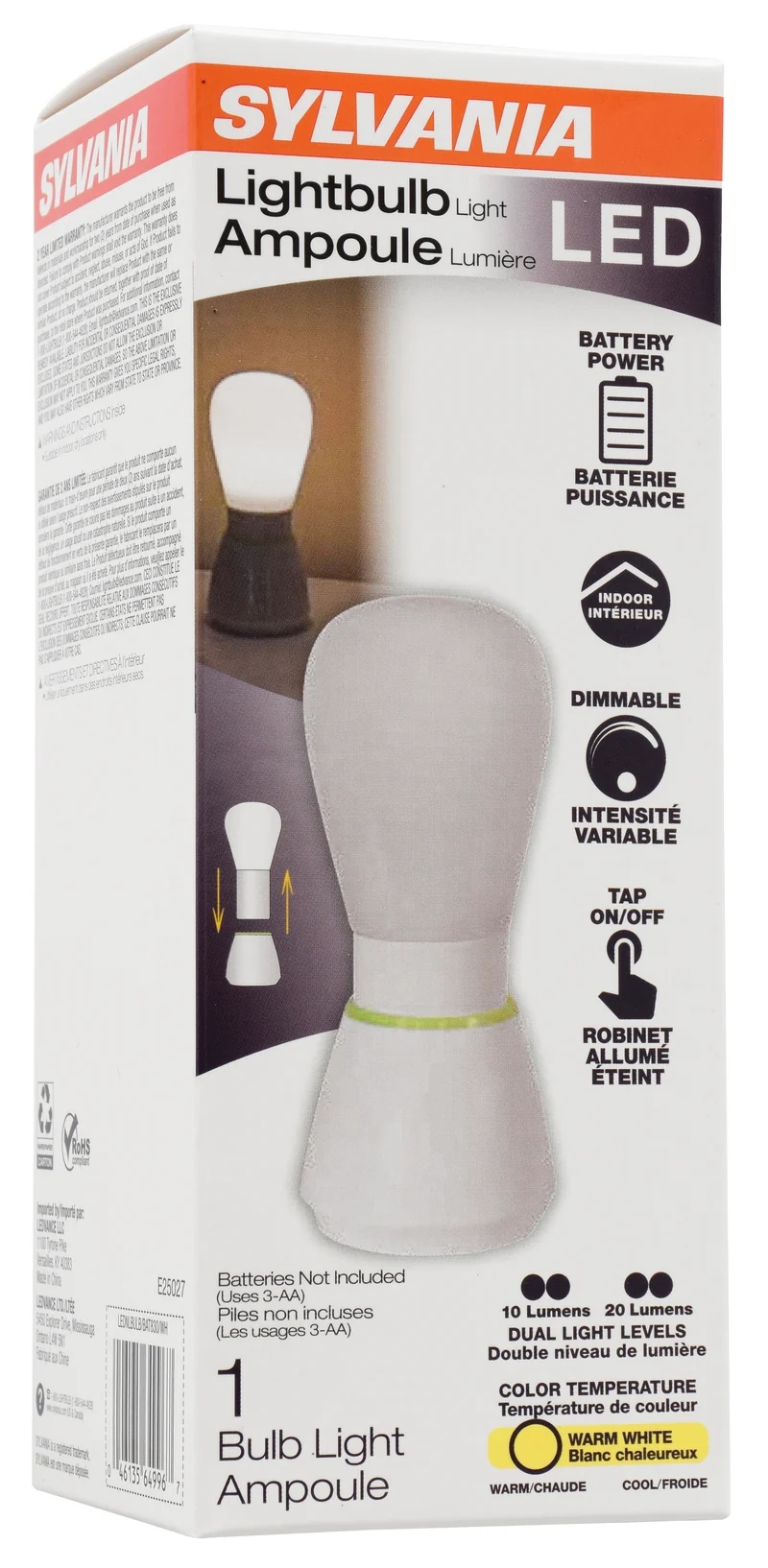 SYLVANIA Battery Powered Portable LED Night Light, Dimmable, 3000K, 2 Light Levels, Warm White, Batteries Not Included
