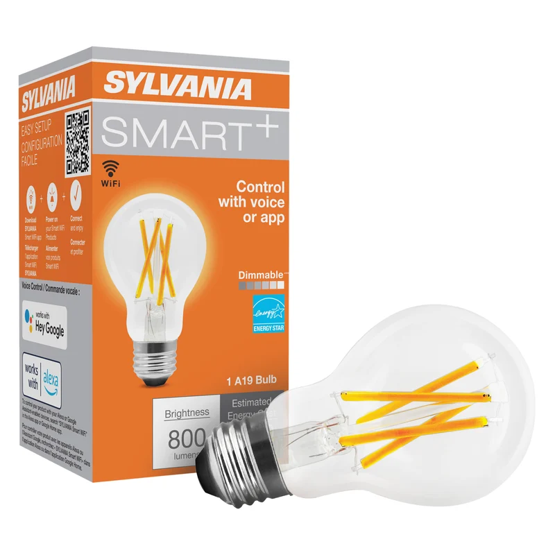 SYLVANIA Wifi LED Smart A19 Light Bulb, 7.5W, with Filament, for Alexa / Google Assistant, Energy Star, Clear, 2700K, Soft White - 1 Pk