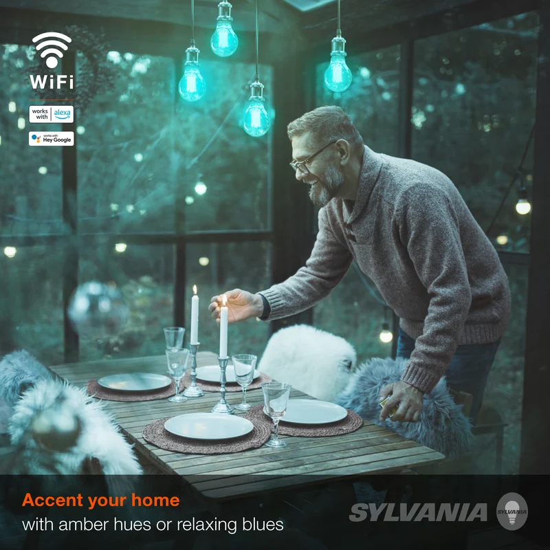 SYLVANIA Wifi LED Smart A19 RGBW Color and Amber Finish Filament Light Bulb, 7W, for Alexa / Google Assistant, 2000K, No Hub Required, Clear - 1 PK