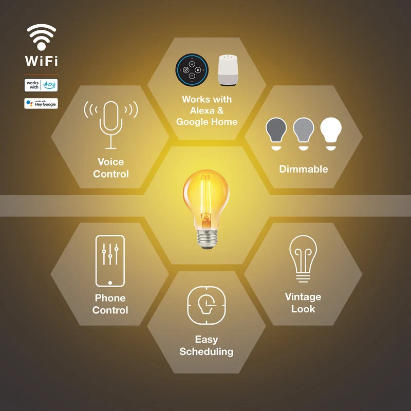 SYLVANIA Wifi LED Smart A19 Amber Finish Light Bulb, 4.5W, for Alexa / Google Assistant, 2000K, No Hub Required - 1 PK