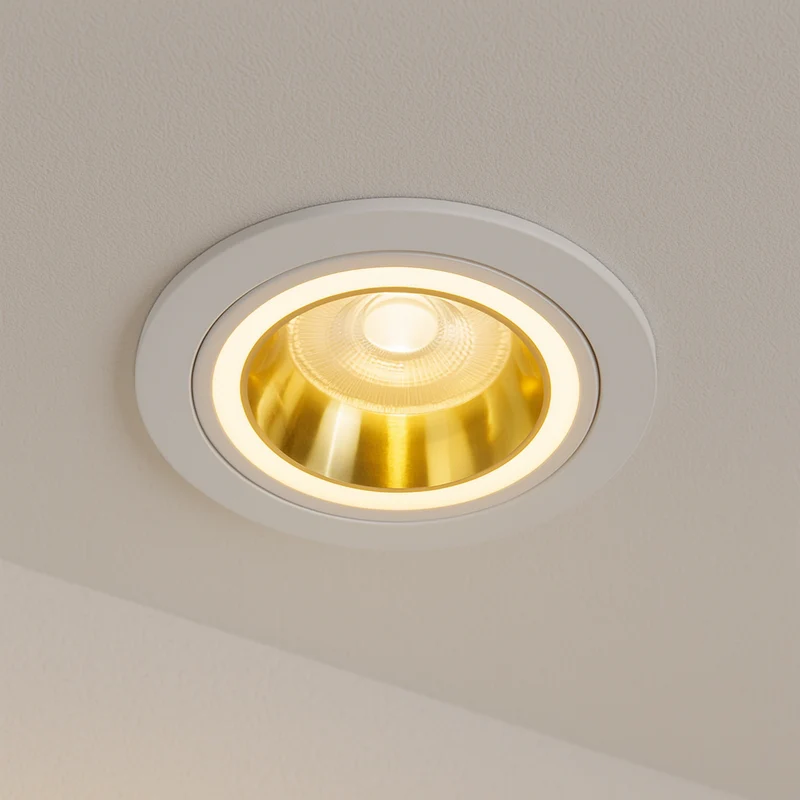 Einbaustrahler aus Aluminum Weiß + Gold Rund mit leuchtendem Ring inkl. GU10 Fassung 230V | extra-flach | dimmbar