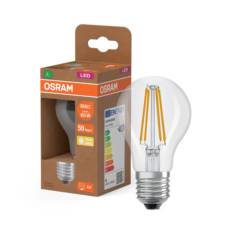 OSRAM LED LAMPS ENERGY CLASS A ENERGY EFFICIENCY FILAMENT CLASSIC A in A-Form, LED-Lampe, Bleifreies Glas, Klar, 3,8 W, 806 lm, Warmweiß, Energieeffizienzklasse: A