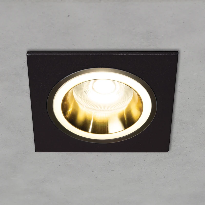 Einbaustrahler aus Aluminum Schwarz + Gold Eckig mit leuchtendem Ring inkl. GU10 Fassung 230V | extra-flach | dimmbar