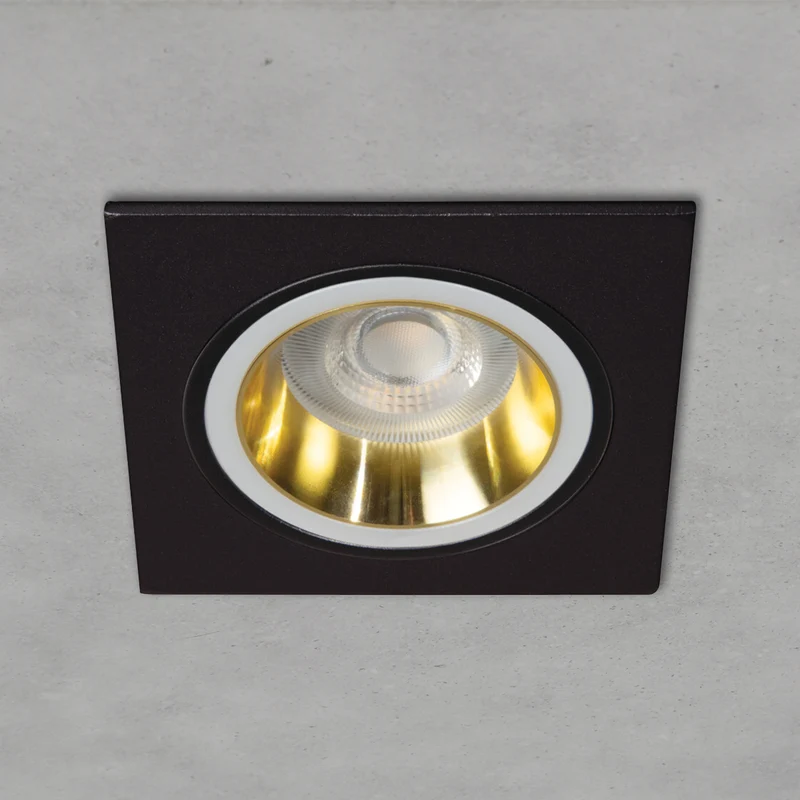 Einbaustrahler aus Aluminum Schwarz + Gold Eckig mit leuchtendem Ring inkl. GU10 Fassung 230V | extra-flach | dimmbar