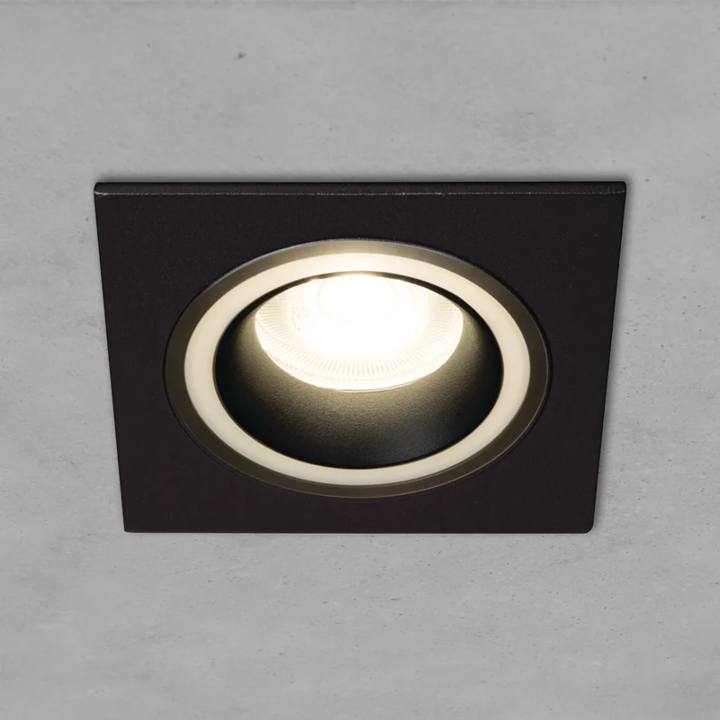 Einbaustrahler aus Aluminium Schwarz Eckig mit leuchtendem Ring inkl. GU10 Fassung 230V | extra-flach | dimmbar