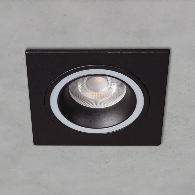 Einbaustrahler aus Aluminium Schwarz Eckig mit leuchtendem Ring inkl. GU10 Fassung 230V | extra-flach | dimmbar