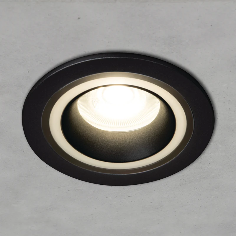 Einbaustrahler aus Aluminum Schwarz Rund mit leuchtendem Ring inkl. GU10 Fassung 230V | extra-flach | dimmbar