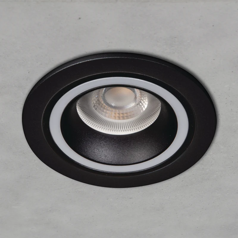 Einbaustrahler aus Aluminum Schwarz Rund mit leuchtendem Ring inkl. GU10 Fassung 230V | extra-flach | dimmbar
