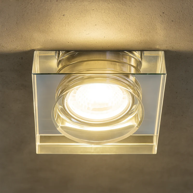Einbaustrahler Cristal aus Glas Eckig Ø90mm IP20 GU5,3 12V inkl. GU10 Fassung 230V | extra-flach | dimmbar
