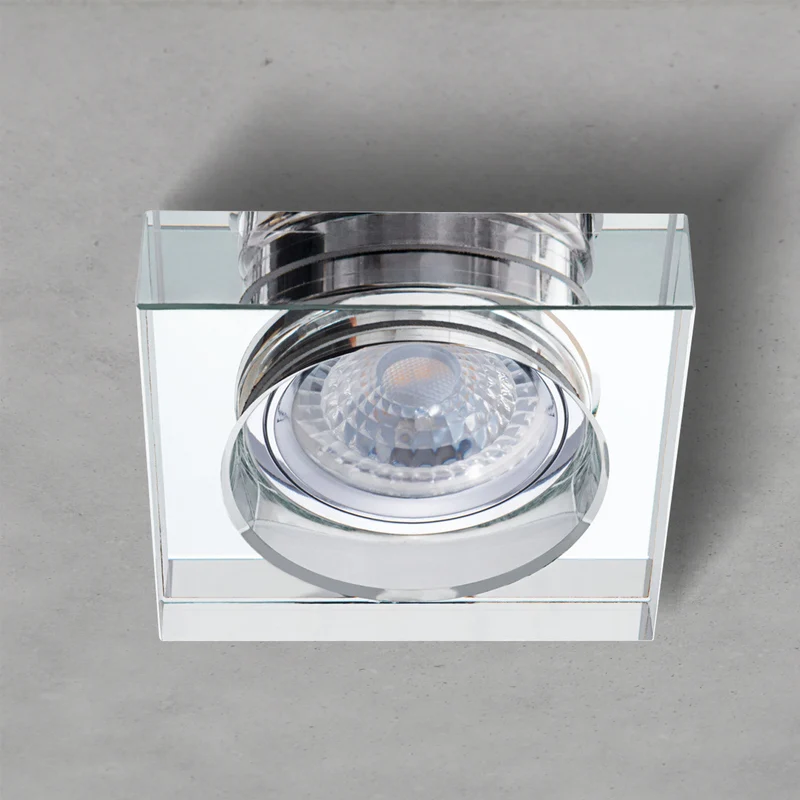 Einbaustrahler Cristal aus Glas Eckig Ø90mm IP20 GU5,3 12V inkl. GU10 Fassung 230V | extra-flach | dimmbar